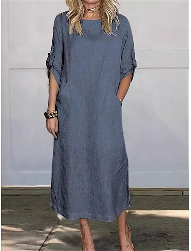  Damen Schwarz Weiß Rote Sommer Frühling Maxikleid Weißes Kleid Baumwoll-Leinen-Kleider Shiftkleid Basic Modern Täglich Wochenende Lässiger Schnitt Einfach Rundhalsausschnitt