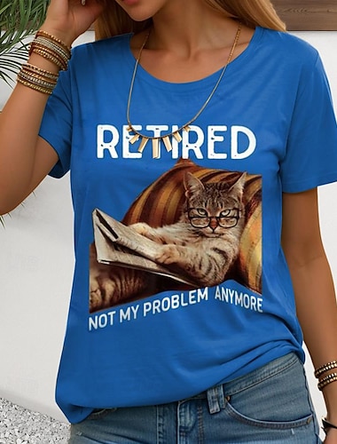  Dames T-shirt Kat Brief Grappig Korte mouw Strakke ronde hals Normale tops Dagelijks blauw Zomer RETIRED