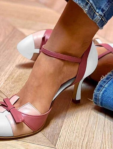  vintage roze en witte hoge hakken voor dames met strikaccent - elegante retrohakken voor bruiloften, feesten en speciale gelegenheden
