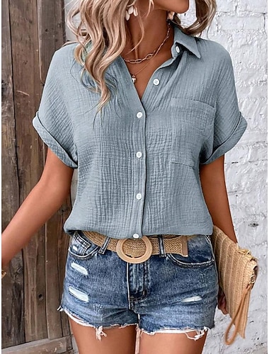 chemisier femme col en V boutonné motif texturé décontracté manches courtes haut d'été bleu délavé coupe régulière léger respirant