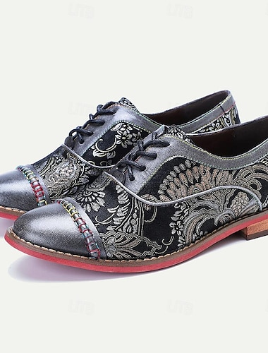  Women's Oxfords Print Shoes Color Block Low Heel Round Toe Business Leather Lace-up Black