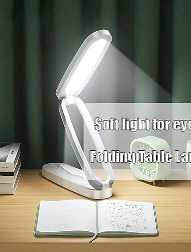  Lámpara de mesa LED de estilo moderno, luz de lectura plegable con control táctil, lámpara de escritorio USB con brillo regulable de 3 niveles, batería de litio recargable, acabado en plástico pulido