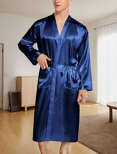 Hombre Pijamas Bata de seda Pijama bata de baño Plano Moda Elegante Clásico Hogar Diario Cama Poliéster Comodidad Suave Escote en Pico Manga Larga Cinturón Incluido Verano Primavera Negro Rojo