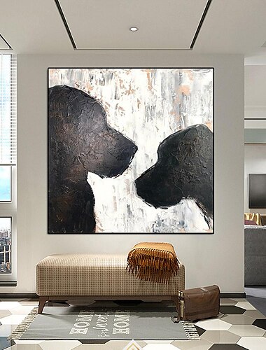  handgemaltes abstraktes Ölgemälde mit Hundesilhouette, handgemaltes großes Hundegemälde, schwarz-weiße Hundegemälde auf Leinwand, bildende Kunst, Wanddekoration, Ölgemälde für Wohnzimmer,