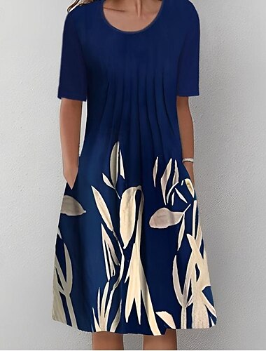  Женское миди-платье повседневное платье Shift Dress темно-синий короткий рукав цветочный сборка весна лето круглый вырез базовая повседневная отпуск выходные 2023 S M L XL XXL 3XL