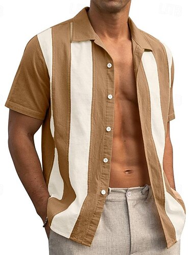  Voor heren Overhemd Zomer overhemd Normaal shirt Strand hemd Overhemd met knopen Gestreepte shirts Zwart Groen khaki Korte mouw Gestreept Kamp kraag Vakantie Hawaii Kleding Modieus Casual Comfortabel