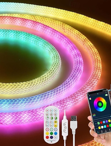  bande lumineuse LED tissée étanche ws2811 rgbic tissé silicone néon adressable couleur de rêve bande lumineuse LED USB avec 15 mm éclairage à 360 degrés application de musique Bluetooth sans fil 2,4 g
