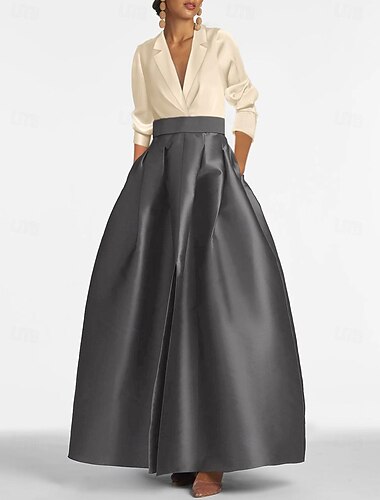  A-vonalas estélyi ruha Elegáns ruha Tuxedo ruha Esküvői Fekete nyakkendős Padló hosszúságú Hosszú ujjú V nyak Őszi esküvői vendég Szatén ráncolt zsebbel