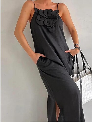  Femmes Noir Rouge Abricot Été Printemps Robe maxi Robes en coton et lin Robe Décontractée Robe à bretelles Basique Moderne Quotidien Week-end Coupe Ample Uni Bretelles spaghetti