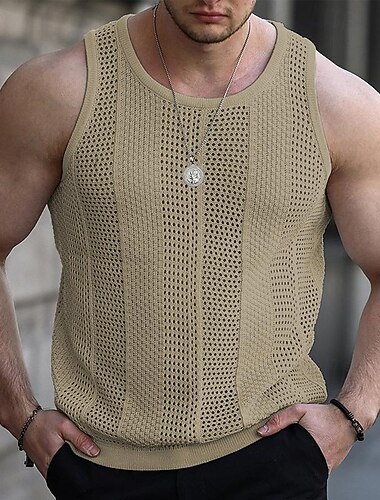  Men's Tank Top Vest Top Undershirt Sleeveless Shirt Sleeveless Crew Neck Spring & Summer Plain Fashion Designer Basic Knitted Vacation Street Going out Black White Khaki Top Tee for Men