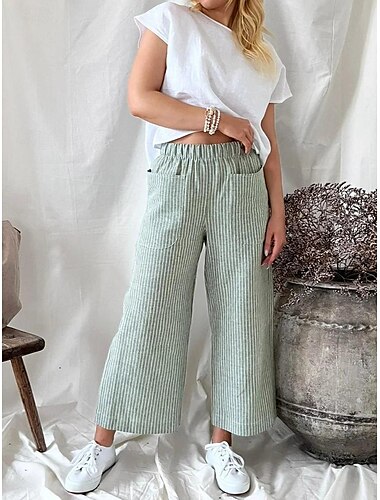  Mujer Perneras anchas Pantalones Algodón y lino Bolsillos laterales Largo Verde Primavera verano