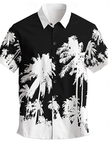  Herren Kokosnussbaum Palme Tropische Pflanzen Hawaiihemd Sommerhemd Aloha-Shirt Kurze Ärmel Hemd Umlegekragen Hawaiianisch Brautkleider schlicht Resort Outdoor Urlaub Strasse Schwarz Weiß Blau S M L