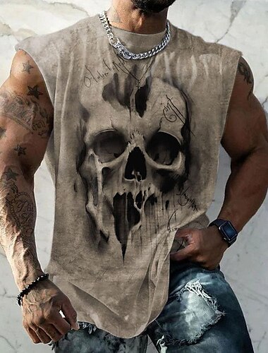  男性用 グラフィック スカル Tシャツ 半袖 Tシャツ 3Dプリント クルーネック シャツ スポーツ ファッション レトリ／ヴィンテージ ストリート スポーツ・アウトドア カジュアル カーキ色 夏 春 衣類 S M L XL 2XL 3XL
