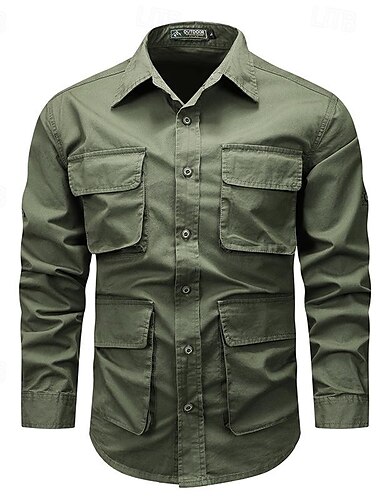  Herren Hemd Arbeitshemden Lässiges Hemd Knopfhemd Cargo-Shirt Schwarz Kaki Armeegrün Langarm Glatt Umlegekragen Urlaub Festtage Vordertasche Bekleidung Modisch Brautkleider schlicht Komfortabel