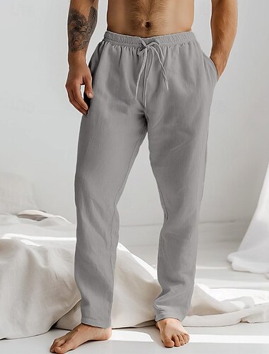  Herren Leinenhose Hose Hosen Sommerhosen Kordelzug Elastische Taille Glatt Komfort Atmungsaktiv In voller Länge Täglich Strand Modisch Einfach Weiß Blau Mikro-elastisch