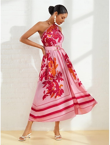  Satijnen maxi-jurk met bloemengesp en één schouder