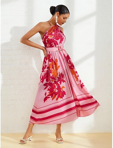  Femmes Robe Imprimée Robe maxi Rose Claire Sans manches Fleuri Style Floral Boucle Été Une Épaule Robes Vacances S M L
