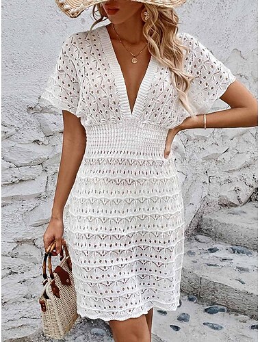  Damen Weißes Kleid Minikleid Rückenfrei Ausgeschnitten Urlaub Strand Sexy Brautkleider schlicht V Ausschnitt Kurzarm Schwarz Weiß Blau Farbe