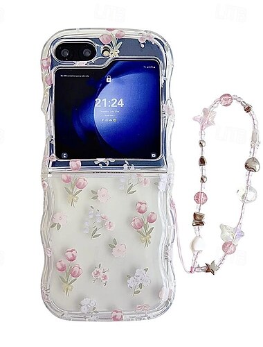  teléfono Funda Para Samsung galaxia Z Flip 6 Z Flip 5 Z Flip 4 Z Flip 3 Funda Trasera Traslúcido con correa de muñeca Antigolpes Caricatura flor floral TPU