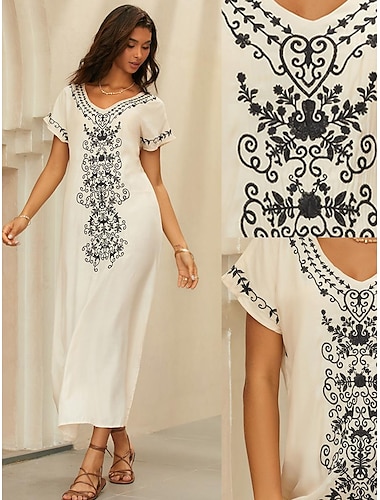  Női Hímzett Vintage ruha Hosszú ruha Maxi ruha Virágos V-alakú Rövid ujjú Nyár Tavasz Fehér