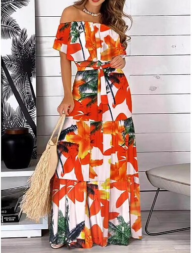  Damen Blumen Rüschen Off Shoulder Langes Kleid Maxikleid Elegant Stylisch Party Alltag Sommer Frühling