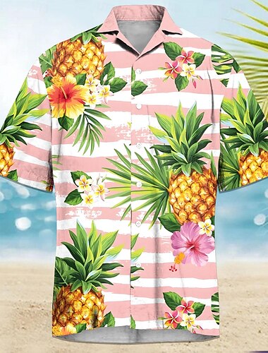  Herren Frucht Ananas Hawaiihemd Sommerhemd Aloha-Shirt Kurze Ärmel Hemd Umlegekragen Brautkleider schlicht Outdoor Urlaub Strasse Schwarz Weiß Rosa S M L