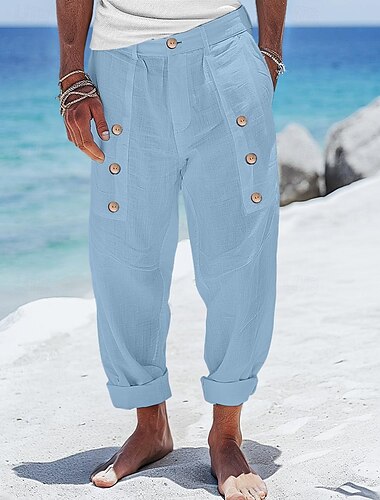  Men's Linen Pants Trousers Summer Pants Buttons Front Pocket Pleats Plain Comfort Breathable Full Length Casual Daily Holiday Fashion Basic Loose Fit Black White