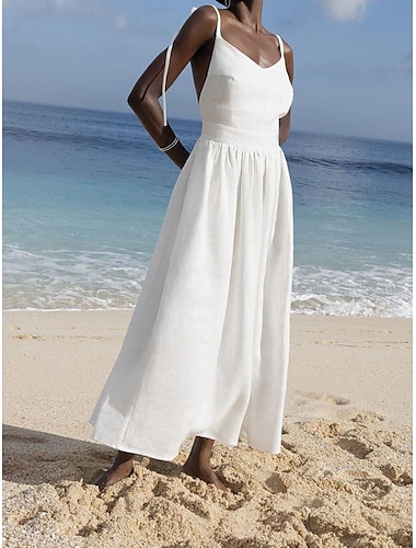  Women's White Blue Brown Summer Spring Maxi Dress Linen-Inspired Dresses Casual Dress Strap Dress Basic Modern Vacation Daily Beach Loose Fit Plain V Neck
