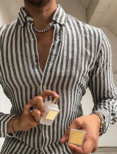  Herr Skjorta Knapp upp skjorta Casual skjorta Sommarskjorta Strandskjorta Blå Grå Långärmad Rand Nedvikt Hawaiisk Helgdag Button-Down Kläder Mode Ledigt Bekväm