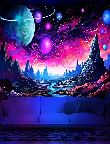  Schwarzlicht Wandteppich UV reaktiv im Dunkeln leuchtend Party Neon Universum Baum Mond Psychedelisch Trippy Nebelig Hängender Wandteppich Wandbild Wandbild fürs Wohnen