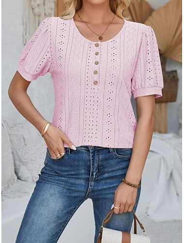  Per donna Camicia in pizzo Elegante Giornaliero Donne Manica corta Girocollo Da mare Giornaliero Per uscire Pizzo Bottoni Bianco Rosa Blu Viola Estate Primavera Autunno