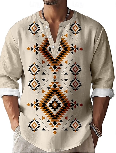  Herre Etnisk Skjorte Skjorte med knapper Henly-skjorte Langermet Fritid Stamme Feriereise Avslappet Ferie Sommer Vår Høst Krageløs V-hals Trykt mønster Beige
