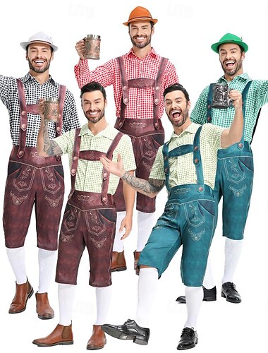 Carnaval Oktoberfest Costume Tenues Lederhosen Chemise Bavarois Allemand Munich Prairies Homme Tissu de style traditionnel Chemise Shorts