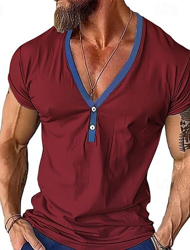  Voor heren T-shirt met knopen T-shirt Henley-shirt T-shirts Korte mouw V-hals Lente zomer Kleurenblok Modieus Ontwerper Basic Lapwerk Vakantie Straat Uitgaan Zwart Wit Donker rood Top T-shirt voor