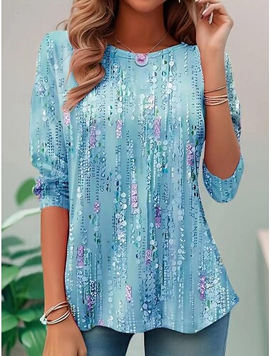  Damenbluse mit Pailletten und Blumendruck, Dreiviertelärmel, Schlüsselloch-Ausschnitt, elastische Bündchen, lockere Passform, goldgelb, Frühlings- und Sommermode, elegantes Tages- und Abendoutfit,