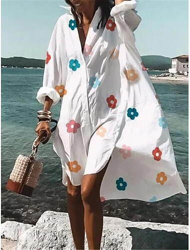  Weißes Damenkleid Hemdkleid Midikleid Date Urlaub Strand Casual Hemdkragen Knopfdruck Langarm Sommer Frühling Lockere Passform Blumen