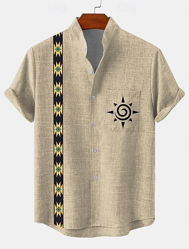  Herren Hemd Knopfhemd Kurzarm Vintage Brautkleider schlicht Stamm Urlaub Täglich Sommer Frühling Stehkragen Bedruckt Grün Khaki Beige