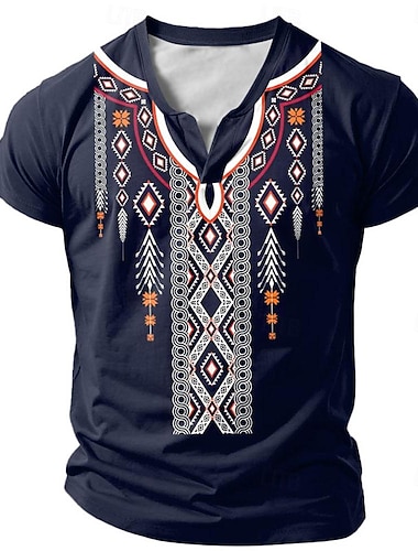  Herren Stammes T Shirt Kurzarm 3D-Druck Urlaub Mode Ethnisch Lässig Sommer Frühling Dunkelblau Henley Henley T-Shirt