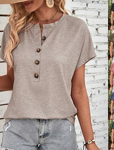  Mulheres Camiseta Botões Tecido Moda Manga Curta Decote Redondo Tops regulares Diário Final de semana Azul Preto Rosa Marron Verde Verão