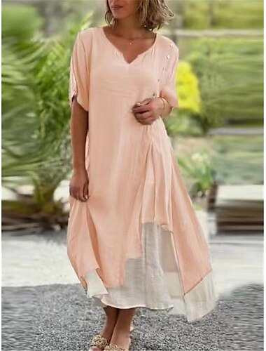 Damen Schwarz Rosa Blau Sommer Frühling Midikleid Baumwoll-Leinen-Kleider Freizeitkleid Basic Modern Täglich Wochenende Lässiger Schnitt Einfach V-Ausschnitt