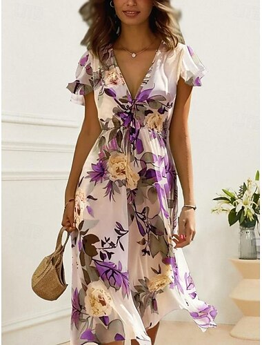  Damen Midikleid Blumen V-Ausschnitt A-Linie Flatterärmel Rosenmuster leicht Sommer Gartenparty Hochzeitsgast Brunch fließend feminin weiß rosa grün