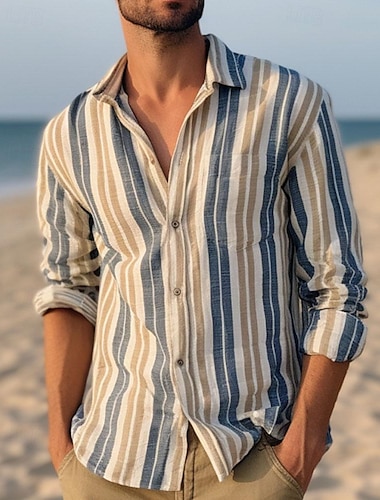  Herr Skjorta Knapp upp skjorta Casual skjorta Sommarskjorta Strandskjorta Blå Långärmad Rand Nedvikt Hawaiisk Helgdag Button-Down Kläder Mode Ledigt Bekväm