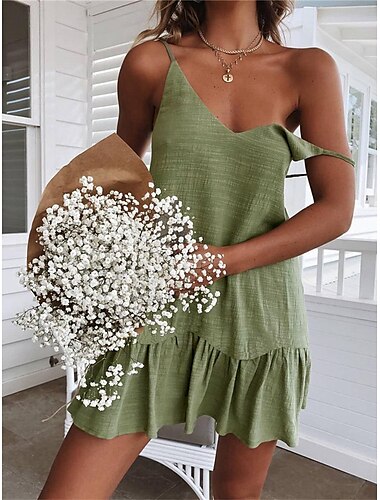  Damen Weiß Gelb Grün Sommer Frühling Minikleid Weißes Kleid Baumwoll-Leinen-Kleider Trägerkleid Basic Modern Lässig Täglich Wochenende Lässiger Schnitt Einfach Spaghettiträger