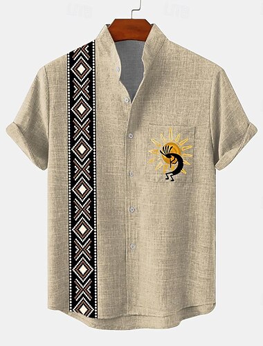  Herren Hemd Bowling-Shirt Knopfhemd Kurzarm Vintage Brautkleider schlicht Stamm Täglich Festtage Sommer Frühling Stehkragen Opa Kragen Bedruckt Grün Khaki Beige