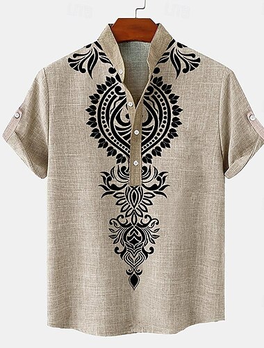  Voor heren linnen overhemd Henley-shirt retro-overhemden Vintage overhemd Etnisch shirt Etnisch Vakantie Dagelijks Groen Khaki Beige Korte mouw Mandarijn Kraag Zomer Lente Kleding Afdrukken