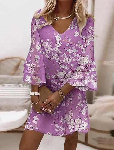  Damen Mini Kleid Sommerkleid Blumen Lässiges Kleid semi-formelles Kleid Petite Kleid Elegant Lässig Rüschensleeve Alltag Wochenende Regulärer Schnitt Blumen Ditsy Blumen 3/4-Ärmeln V-Ausschnitt Lila