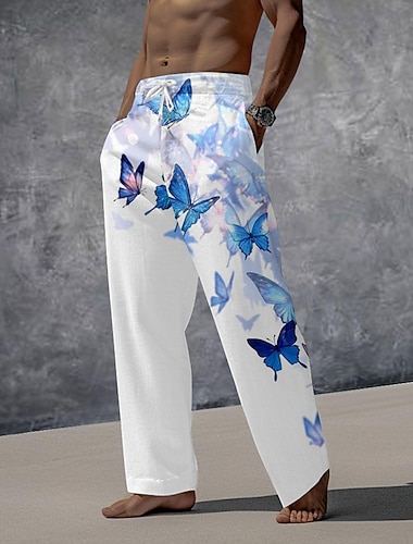  Voor heren Vlinder Broek Medium Taille Vakantie Casual Zomer Lente 3D-afdrukken Meerblauw Zwart Marine Blauw