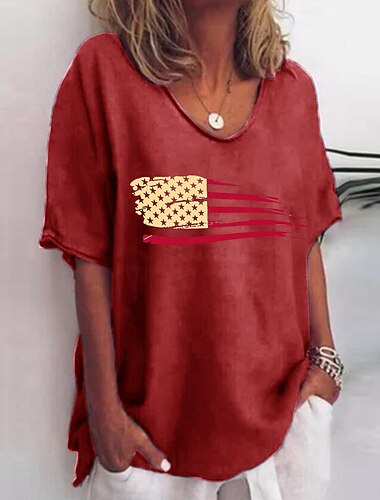  Dames T-shirt Katoenen linnen overhemden USA Casual Korte mouw Ronde hals Normale tops Vakantie Independence Day Afdrukken Zwart Wijn Marineblauw Zomer