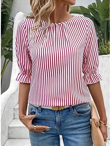  Bluse Damen Schwarz Gelb Rote Vertikale Streifen Print Täglich Elegant Rundhalsausschnitt Regular Fit Laternenärmel S