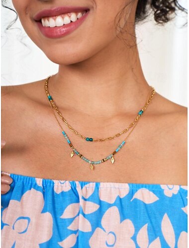  Damen Ketten Stränge Halskette Halskette Blau Edelstahl Natürliche Mineralien Elegant Böhmen Vintage